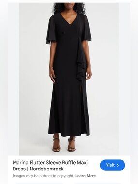 Marina Nordstrom Black Maxi Flutter Sleeve Dress with Side Slit | Large (New)